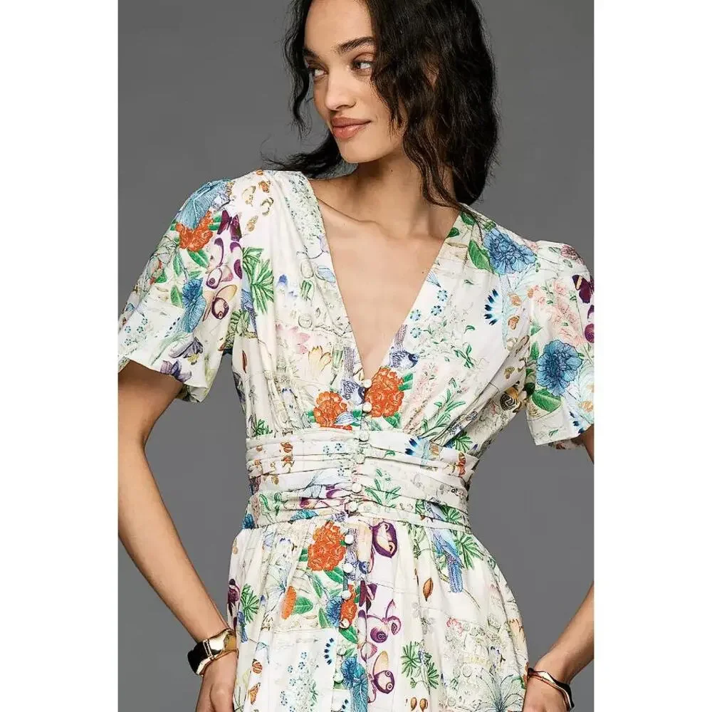 ANTHROPOLOGIE Women's The Katerina V-Neck Button-Front Dress Size M In Neutral - Picture 2 of 11